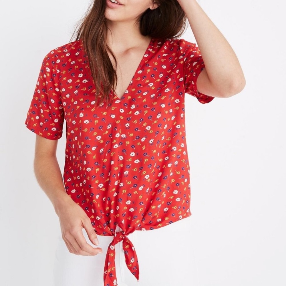 Madewell Red Floral Tie Front Short Sleeve Top